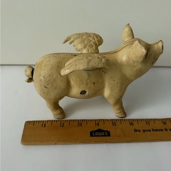 Vintage Piggy Bank Cast Iron Pig Wings Flying Rustic Farmhouse Coin Bank